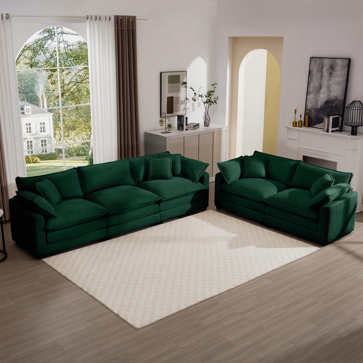 KEIKI 2-Piece Sofa Set with 1 Oversized Corduroy 3-Seater Sofa & 1 Loveseat Sofa, Upholstered 5-Seater Couch Set with 9 Pillow, High-Density Foam Cushions, Removable Armrests, for Living Room, Green KEIKI