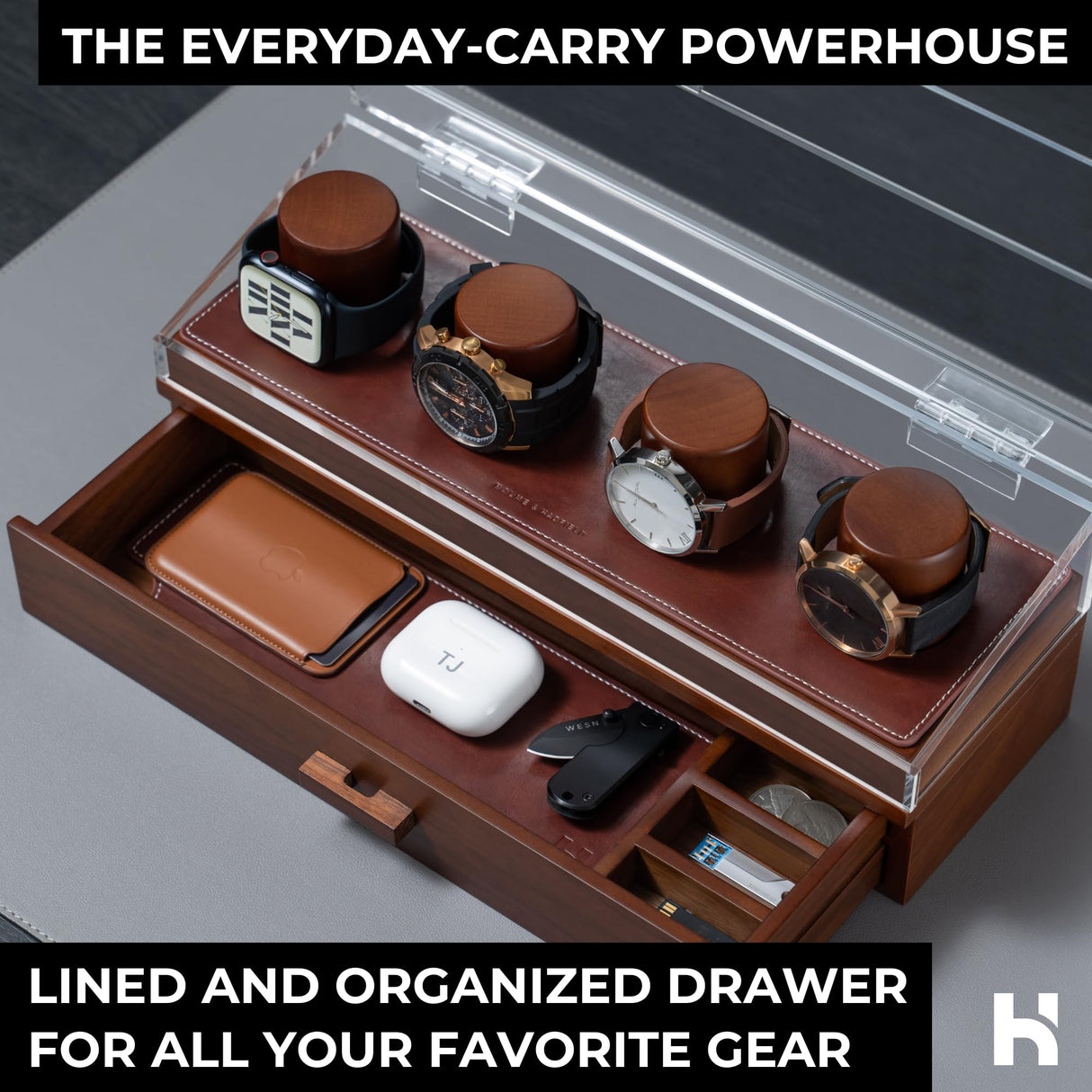 Holme & Hadfield Premium 4-Slot Wooden Watch Display Case – Handcrafted Men’s Watch Box with Accessory Drawer, Hinged Cover, Leather Lining – Father's Day Gift for Collectors – Luxury Built to Last Holme & Hadfield