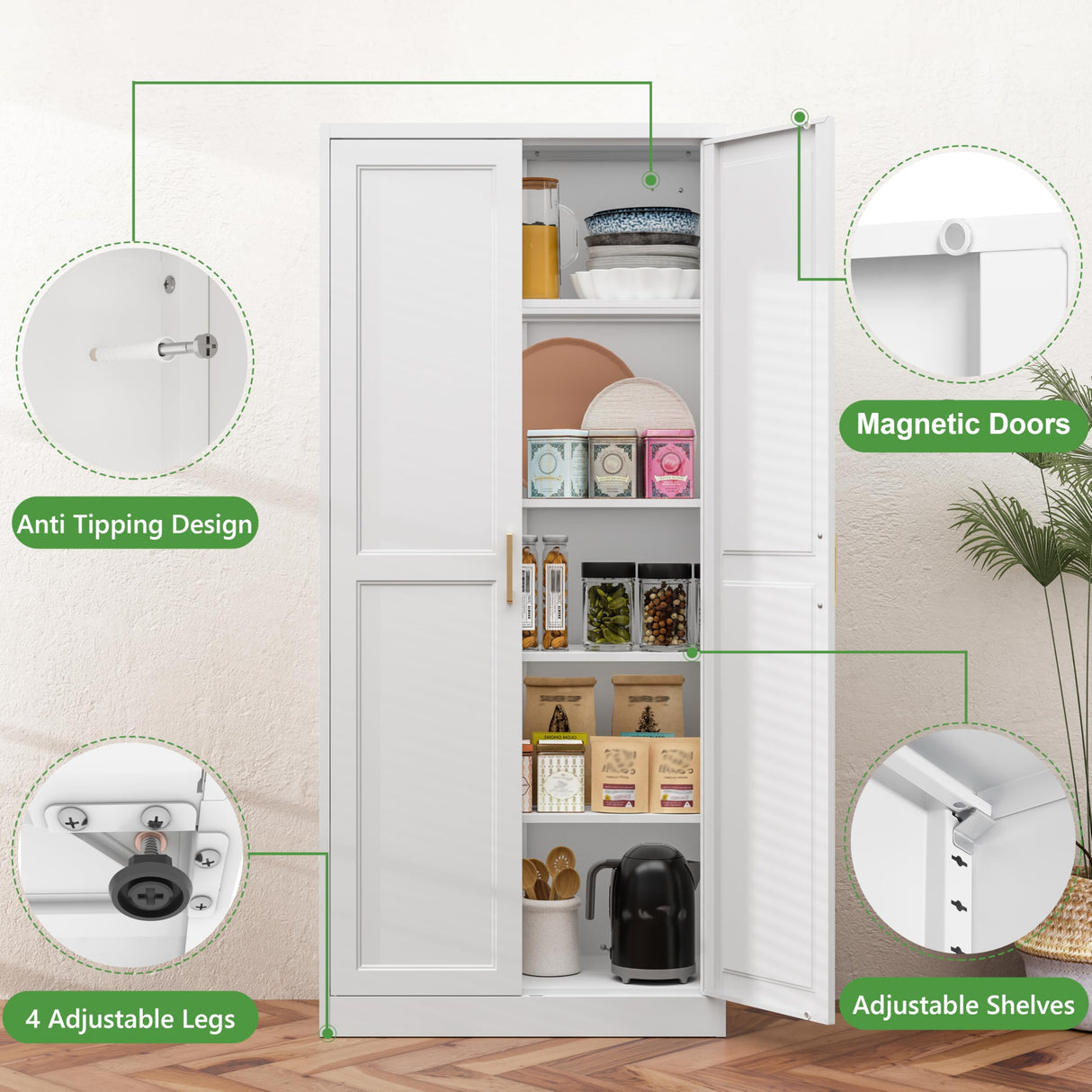 71" Kitchen Pantry Storage Cabinet,White Tall Storage Cabinet With Doors and Shelves,Metal Food Pantry Cabinets for kitchen storage,Freestanding Cupboard for Dining Living Room,Assemble Required TIMELESS PIECES