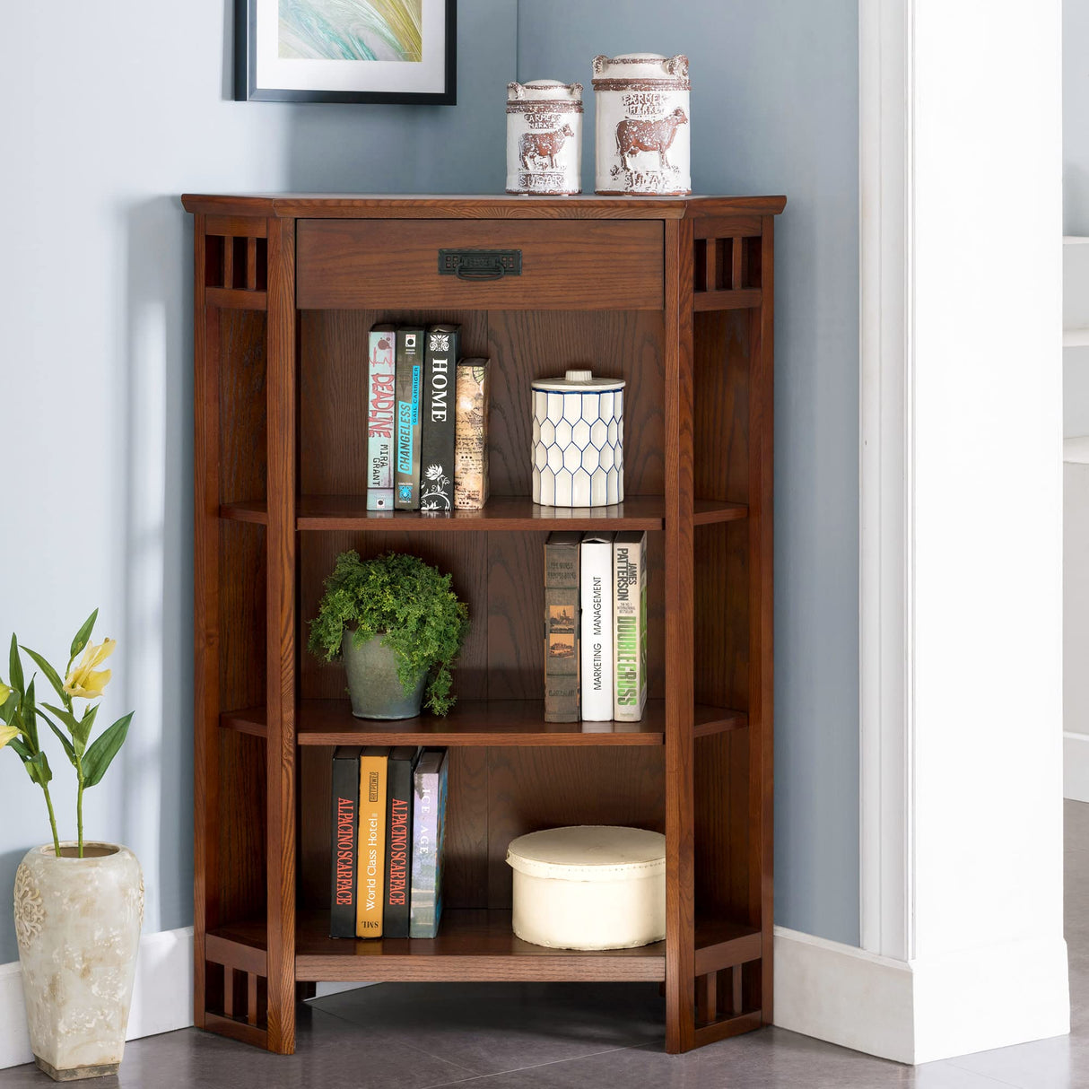 Leick Home Mantel Height Corner Bookcase with Drawer Storage, Made with Solid Wood, for Entryway, Living Rooms, Home Office, Bedroom, Mission Oak Finish, 12"D x 32"W x 50"H, Brownbronze Leick Home