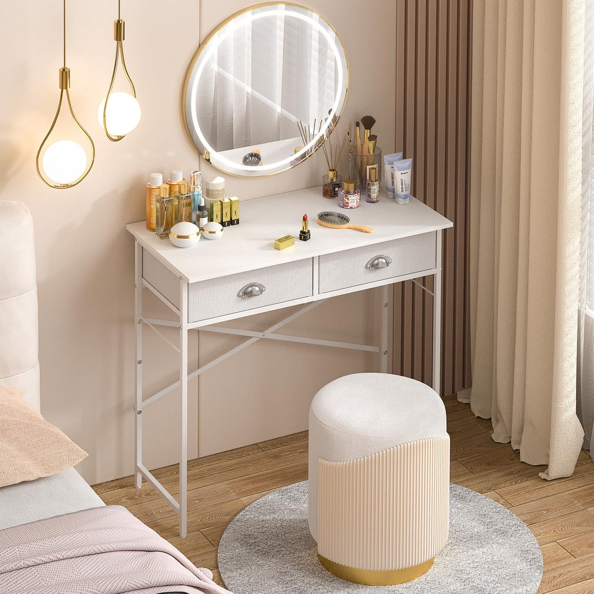 DAOUTIME Small Writing Desk for Kids Bedroom, 31.5 Inch Small Computer Desk for Small Spaces, Simple Desk with 2 Fabric Drawers for Home Office, Dorm, Living Room, Home Study Table, White DAOUTIME