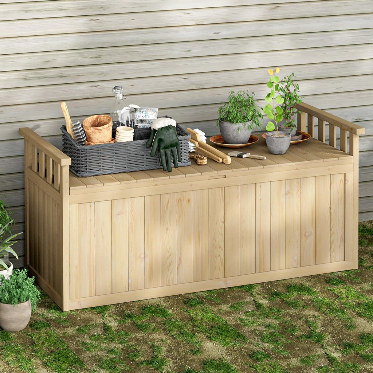 Oarlike 55 Gallon Wooden Deck Box, Outdoor Storage Box for Patio Furniture, Waterproof Backyard Storage Bench for Cushions, Toys, Garden Tools & Pool Accessories (Natural Wood) Oarlike