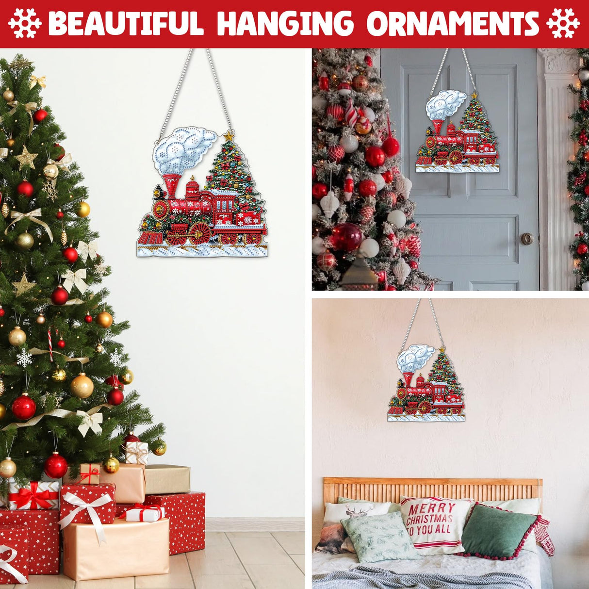 NAIMOER Christmas Diamond Art Hanging Kits for Adults, Christmas Train Diamond Art Suncatchers, 5D Special Shape Fall Diamond Painting Pendant Window Ornament Gifts for Home Garden Door Wall Decor NAIMOER