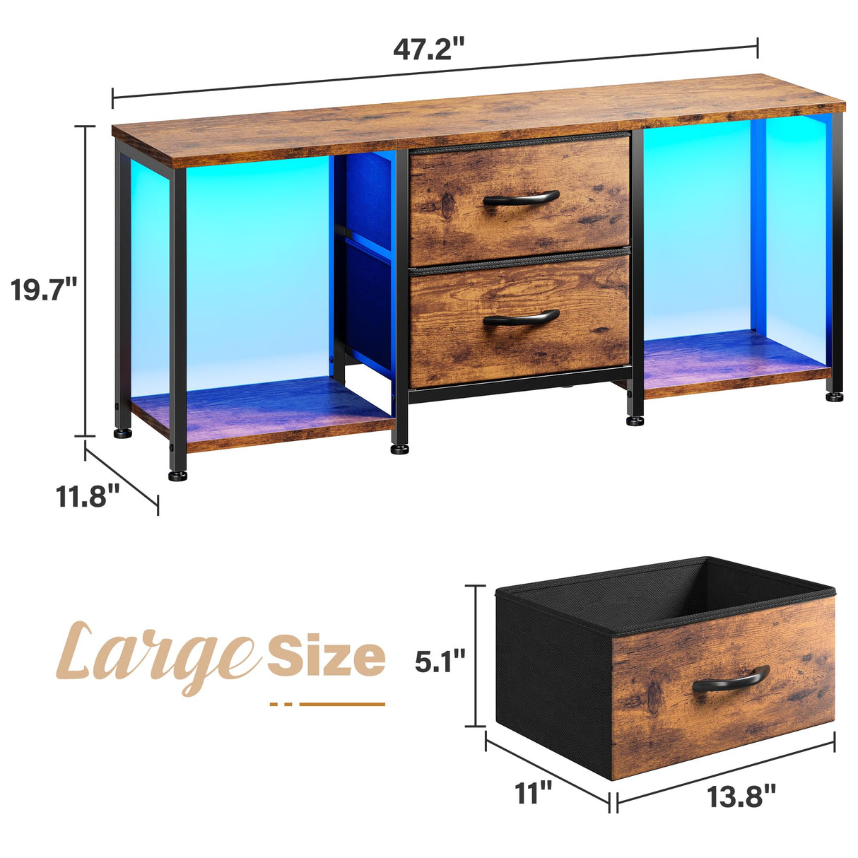 LED TV Stand Dresser for TVs up to 55 Inch, Entertainment Center with 2 Fabric Drawers and 2 Open Storage Shelves, Coffee Table Television Stands for Living Room, Bedroom, Wood Top, Rustic Brown EnHomee
