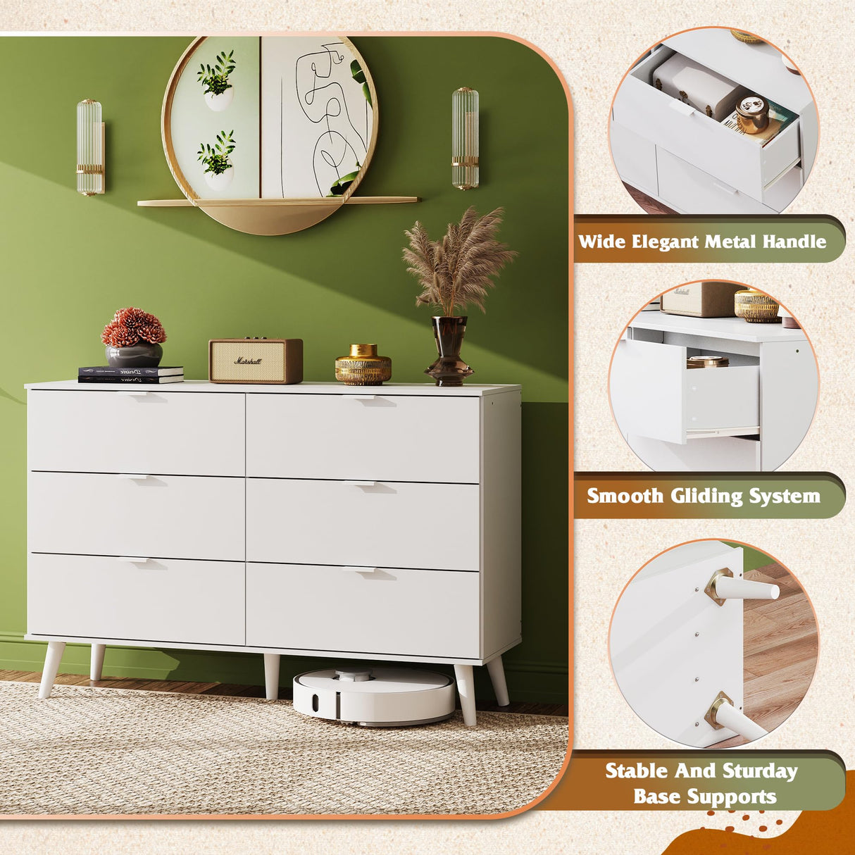 WLIVE 6 Drawer Dresser for Bedroom, 47.24'' Wide Wood Dresser, White Dresser Storage Organizer with Sturdy Metal Handle, TV Stand for 55 inch TV, Chest of Drawers for Living Room, Hallway, Closet WLIVE