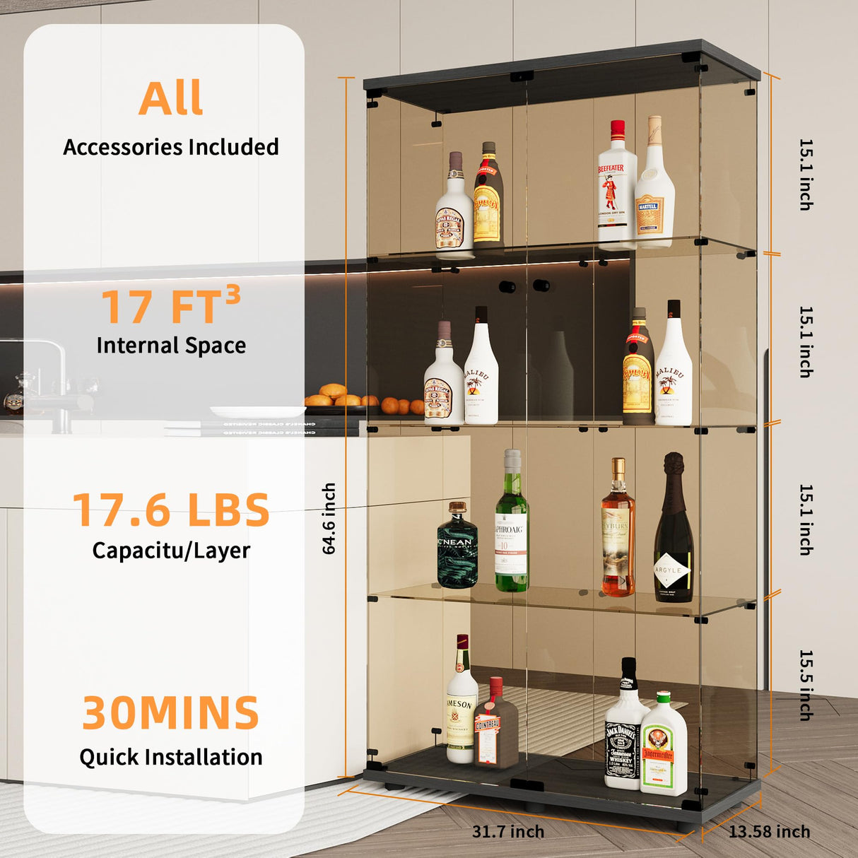 LFT HUIMEI2Y 4-Shelf Brown Glass Display Cabinet with Double Doors, Curio Cabinets Tempered Glass Floor Standing Bookshelf for Bedroom, Kitchen, Living Room 64”x 17”x 14.5” Black LFT HUIMEI2Y