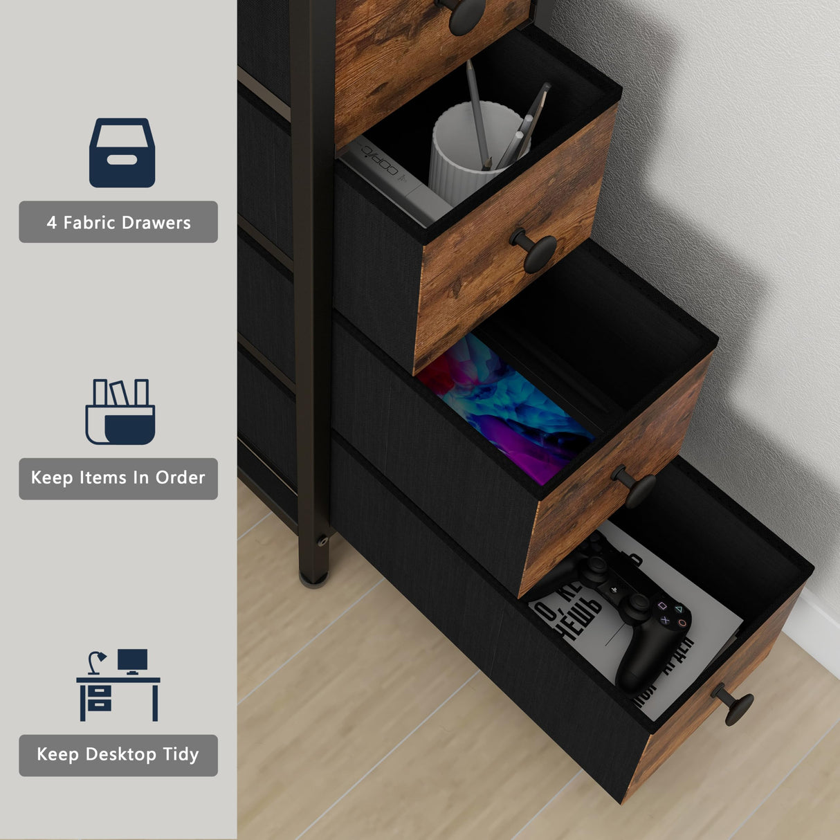 VENNQD Corner Desk with Drawers Shelves for Small Space 90 Degrees Triangle Computer Desk with Power Outlets,Gaming Desk with LED Lights Monitor Stand for Home Office Workstation Writing Table (Brown) VENNQD