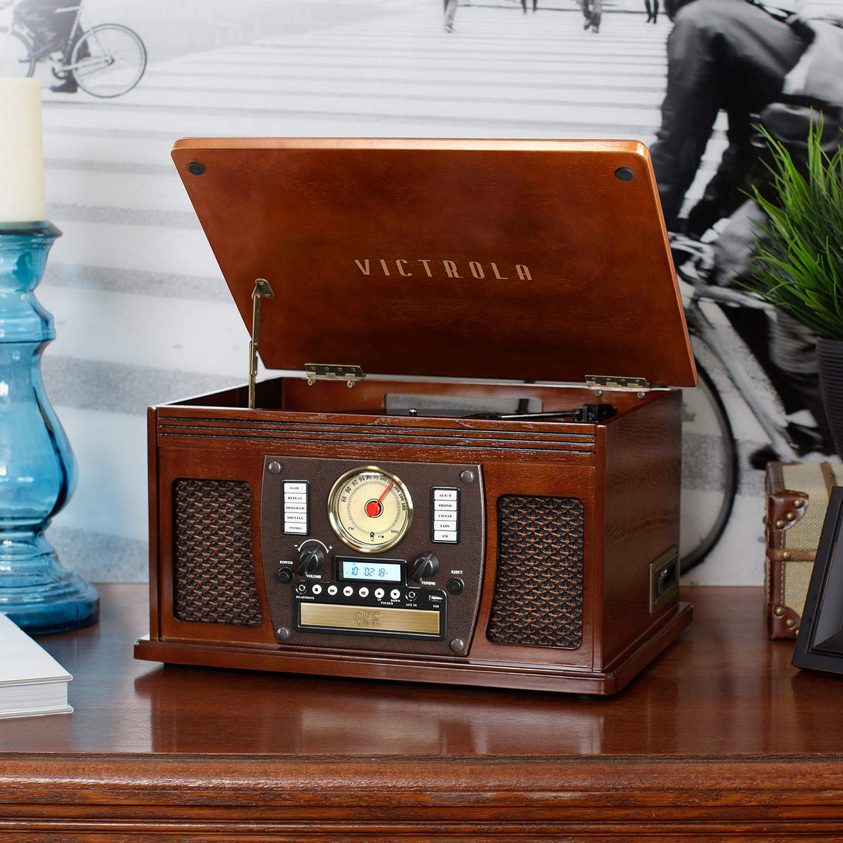 Victrola 8-in-1 Bluetooth Record Player & Multimedia Center, Built-in Stereo Speakers - Turntable, Wireless Music Streaming, Real Wood | Espresso Victrola