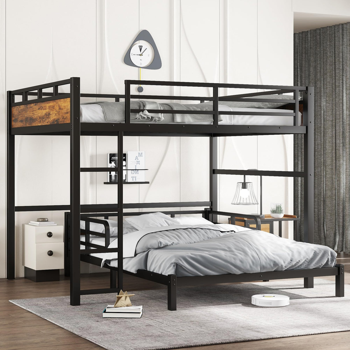 Queen Over Queen Bunk Bed with Headboard and Full Length Guardrail, Separable Bunk Bed Queen Size, Heavy Duty Bunk Beds Can Turns Into Loft Bed and Platform Bed, Black Bellemave