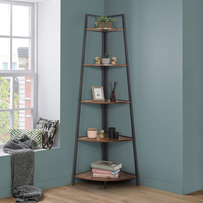 CAPHAUS Rustic Oak Tall Corner Shelf Stand - 5-Tier Versatile Display Unit with Metal Frame