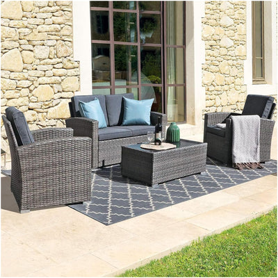 JOIVI Patio Furniture Set, All-Weather Outdoor U-Shaped Patio Conversation Set, 4 Piece PE Rattan Wicker Small Sectional Patio Sofa Set with Tempered Glass Coffee Table, Dark Gray