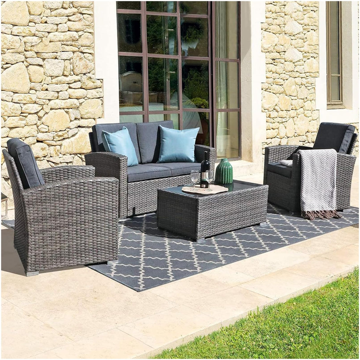 JOIVI Patio Furniture Set, All-Weather Outdoor U-Shaped Patio Conversation Set, 4 Piece PE Rattan Wicker Small Sectional Patio Sofa Set with Tempered Glass Coffee Table, Dark Gray JOIVI