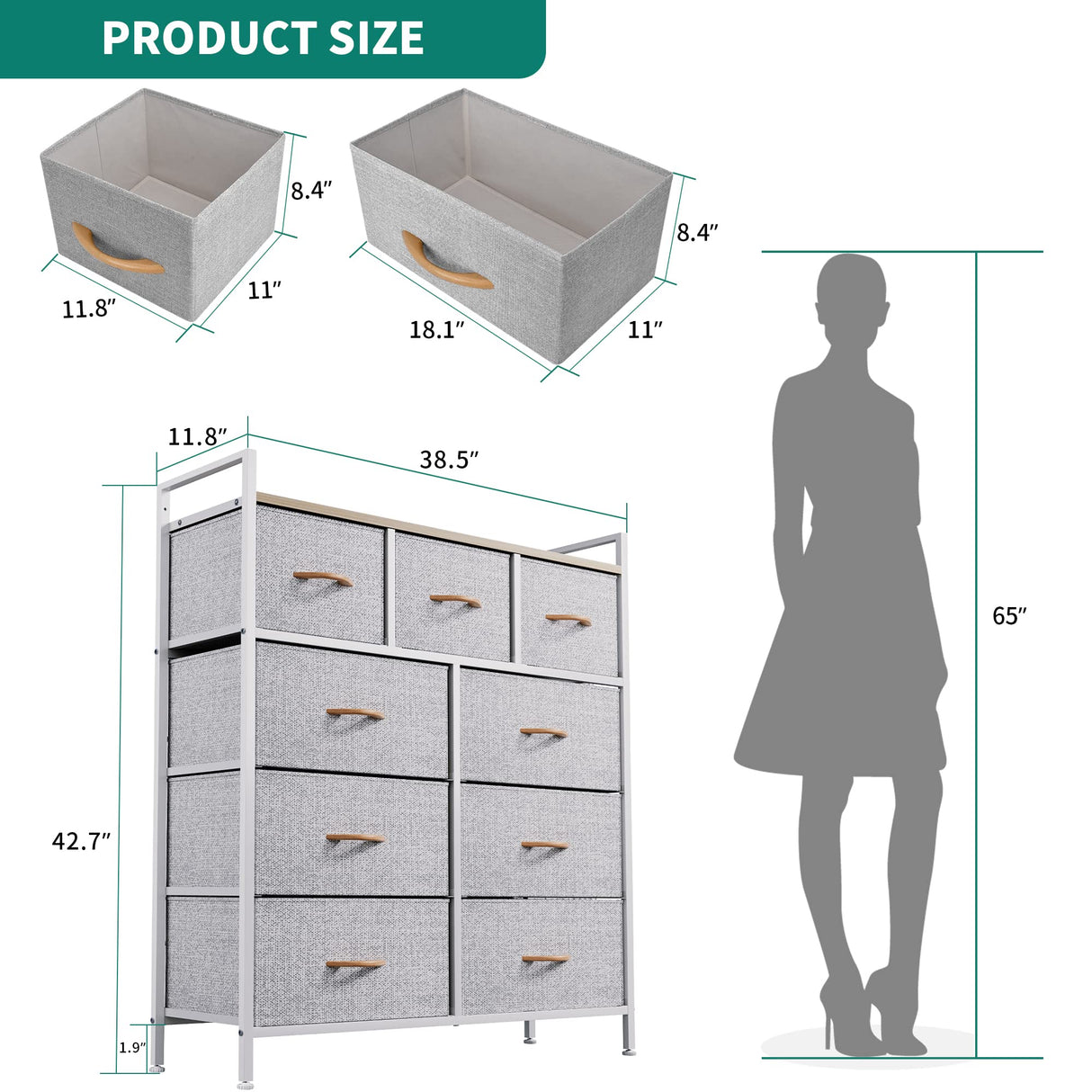 YITAHOME 9-Drawer Fabric Dresser, Furniture Storage Tower Cabinet, Organizer for Bedroom, Living Room, Hallway, Closet & Nursery, Sturdy Steel Frame, Wooden Top, Easy-to-Pull Fabric Bins(Light Grey) YITAHOME