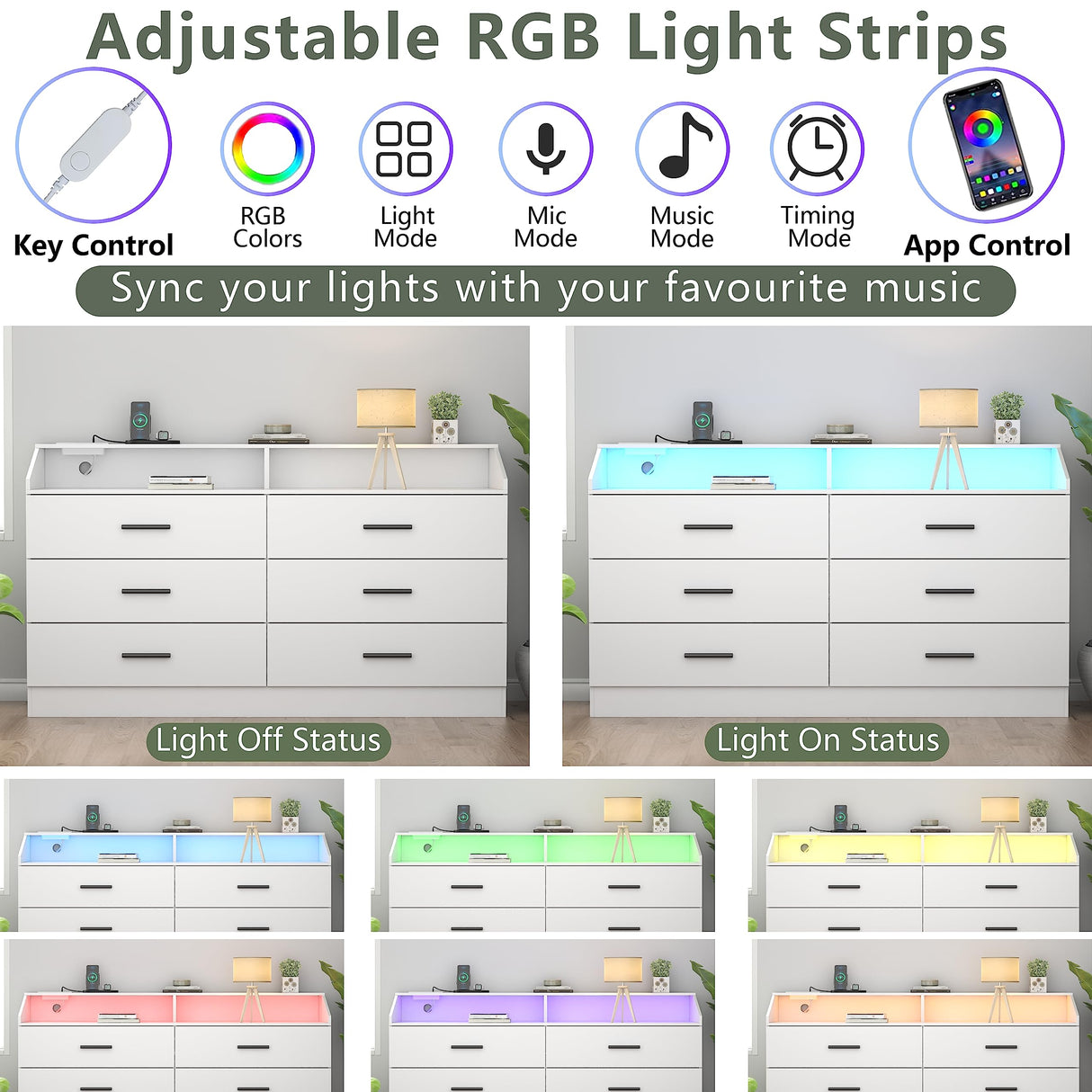 Gyfimoie 6 Drawer Dresser with Power Outlet, Chest of Drawers with LED Light, Modern Dresser with Open Storage Cubby, Double Wide Dresser Organizer for Bedroom, Living Room, Entryway, Hallway Gyfimoie