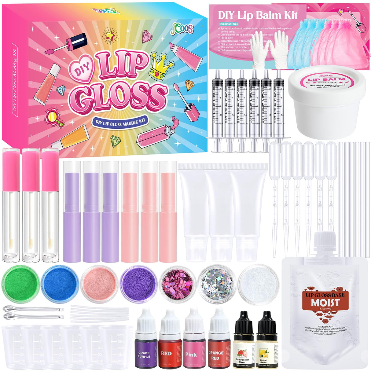 JCOOS Lip Gloss Making Kit and Lip Balm Making Kit, Make Your Own Lip Gloss Kit, Lip Balm Kit, Lipgloss Tubes, Moisturizing Base, Glitter, Kids Makeup Lipgloss Sets for Girls, Fun Stuff for Teens Gift Jcoos