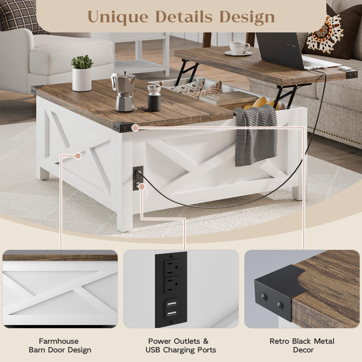 MU Lift Top Coffee Table, Square Coffee Table with Hidden Storage, Farmhouse Wood Table with Charging Station and Barn Door for Living Room, White MU