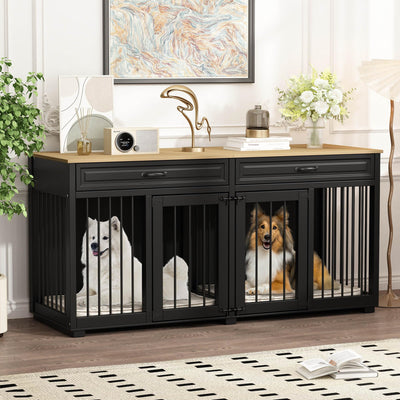 DAWNSPACES Dog Kennel Furniture, 64.6 Inch Heavy Duty Wooden Large Furniture Style Dog Crate with Drawers & Divider, Indoor Dog House TV Stand with Double Rooms for Medium Small Dogs, Black