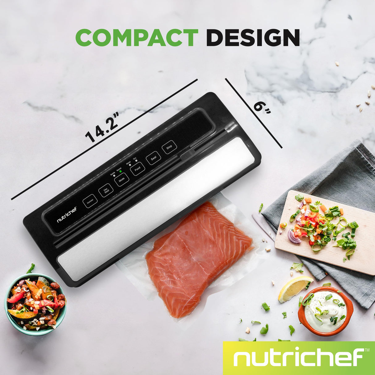 NutriChef Vacuum Sealer | Automatic Vacuum Air Sealing System For Food Preservation w/ Starter Kit | Compact Design | Lab Tested | Dry & Moist Food Modes | Led Indicator Lights, Stainless Steel, Black NutriChef