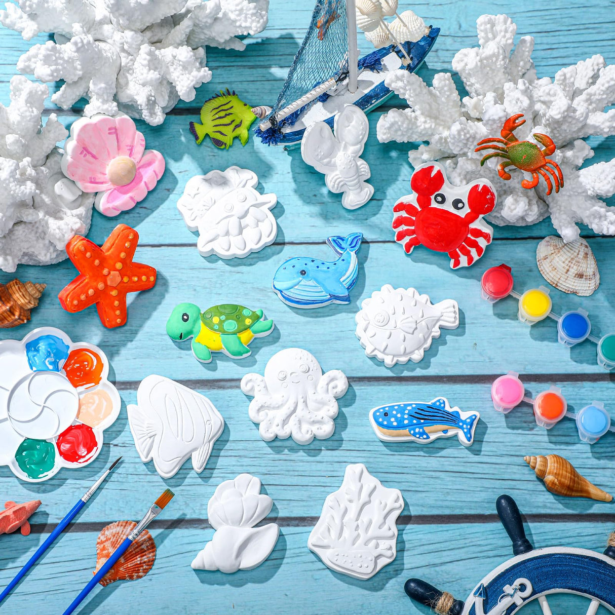 Soulchen 24 Set Ocean Animals Ceramic Painting Kits Sea Animals Ceramic Figurines to Paint with Magnets, Paint Your Own Summer Crafts DIY Unpainted Plaster Figurine Arts with Brushes Palettes Soulchen