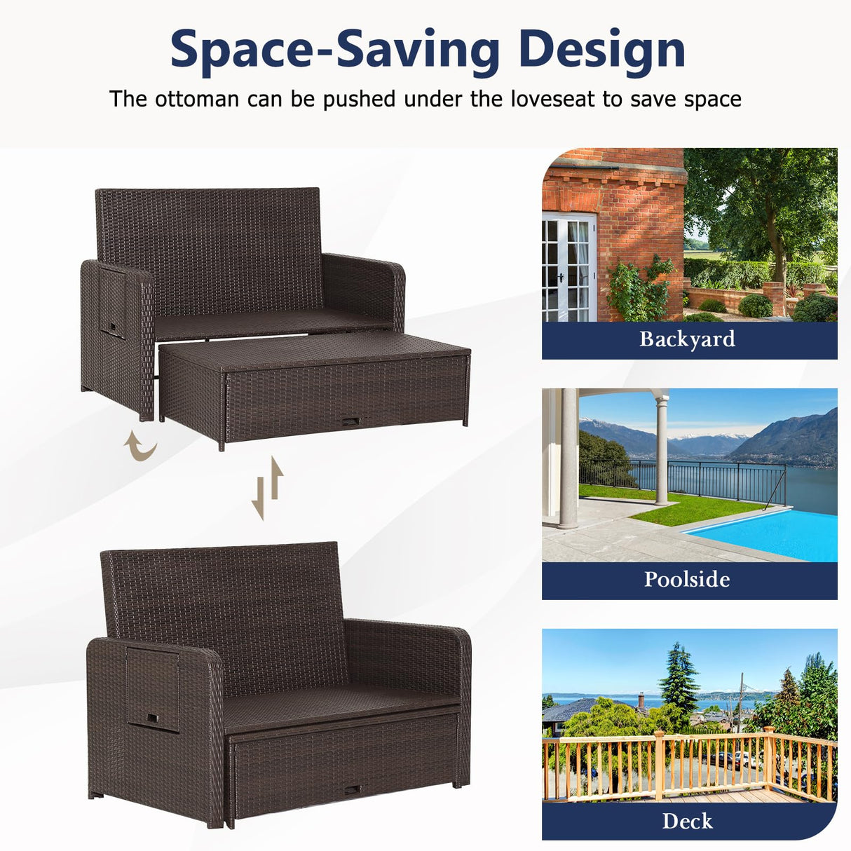 RELAX4LIFE Wicker Patio Outdoor Daybed - Rattan Day Bed Lounger with Loveseat & Storage Ottoman, Sunbed Sofa Set w/Cushions, 4-Level Adjustable Backrest & 2 Retractable Trays, Patio Daybed (Navy) RELAX4LIFE