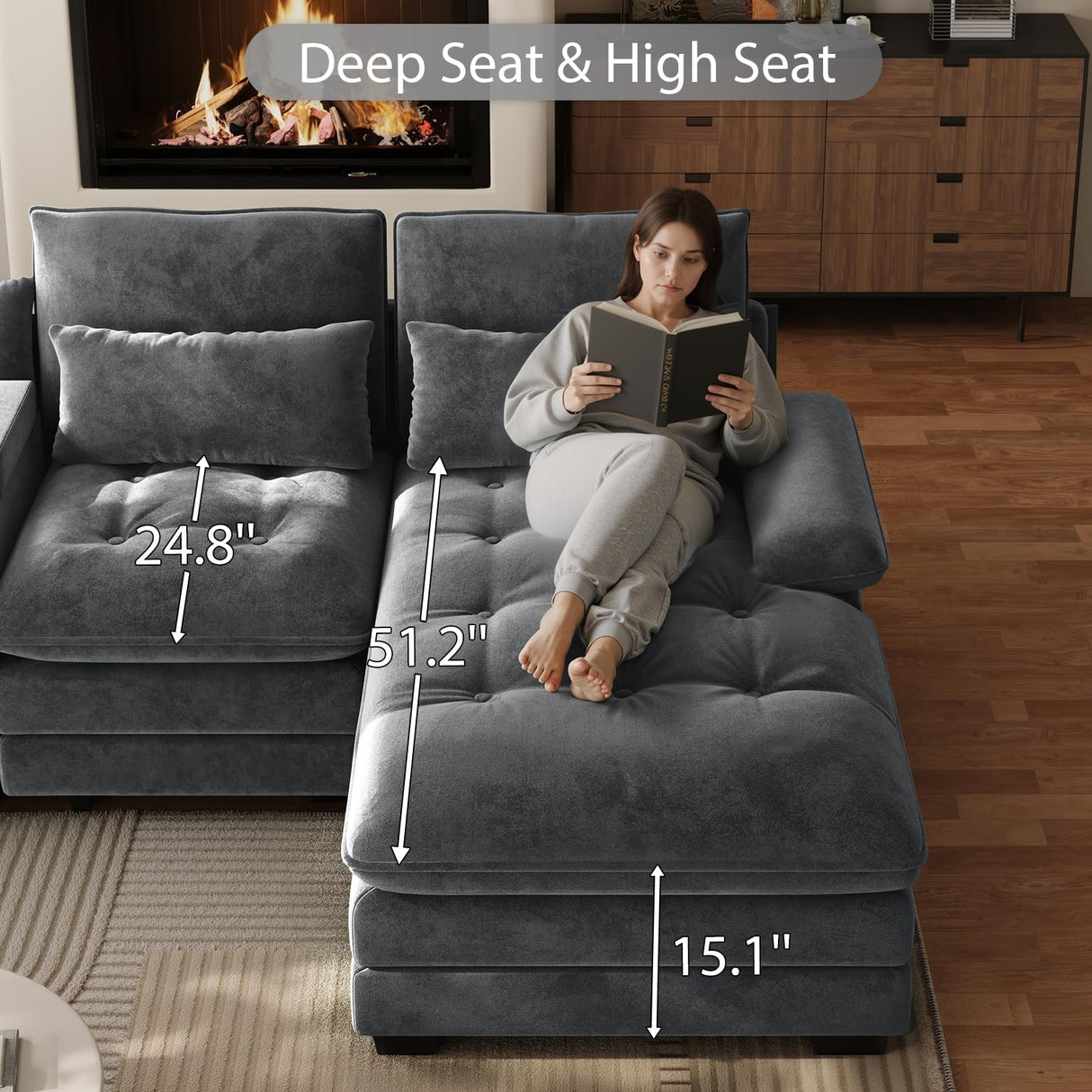 OUYESSIR 134" U Shaped Sectional Cloud Couch,Tufted Couch with Chaise Lounge,Fluffy Grey Sectional Couches for Living Room,Comfy Chenille Modular Sofa with Central Console & USB Port OUYESSIR