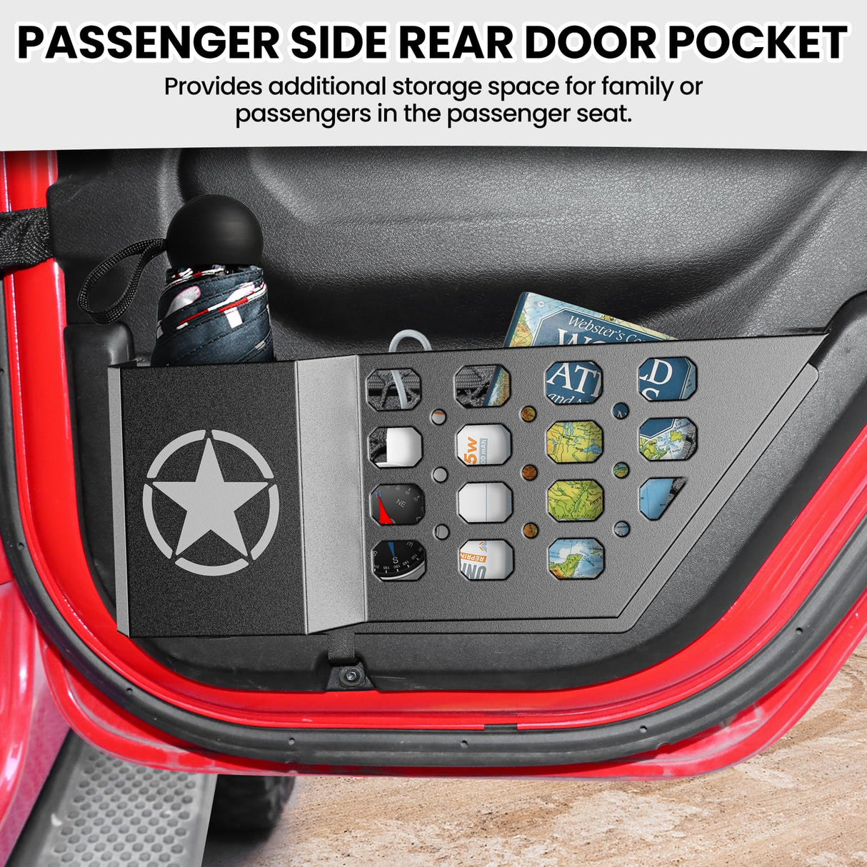 DIAMOOKY Metal Rear Door Pocket Storage Box for Jeep Wrangler JL JLU 4XE 2018-2025 & Gladiator JT 2020-2022 2023 2023 2024 2025 Accessories Door Storage Organizer Molle Panels, Star, 2PCS DIAMOOKY