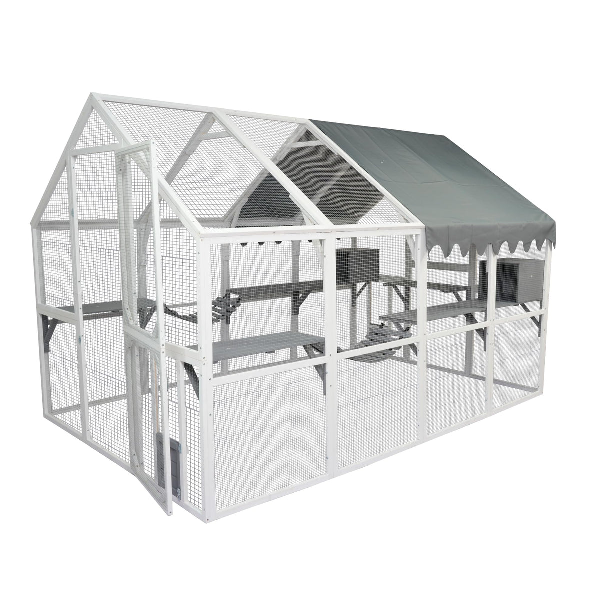 Large Catio Outdoor Cat Enclosure Walk in Cat Cage Cat Playpen Patio with Weatherproof Roof Cover, Multiple Platforms, 2 Bouncy Bridges and 2 Resting Houses White CuisinSmart