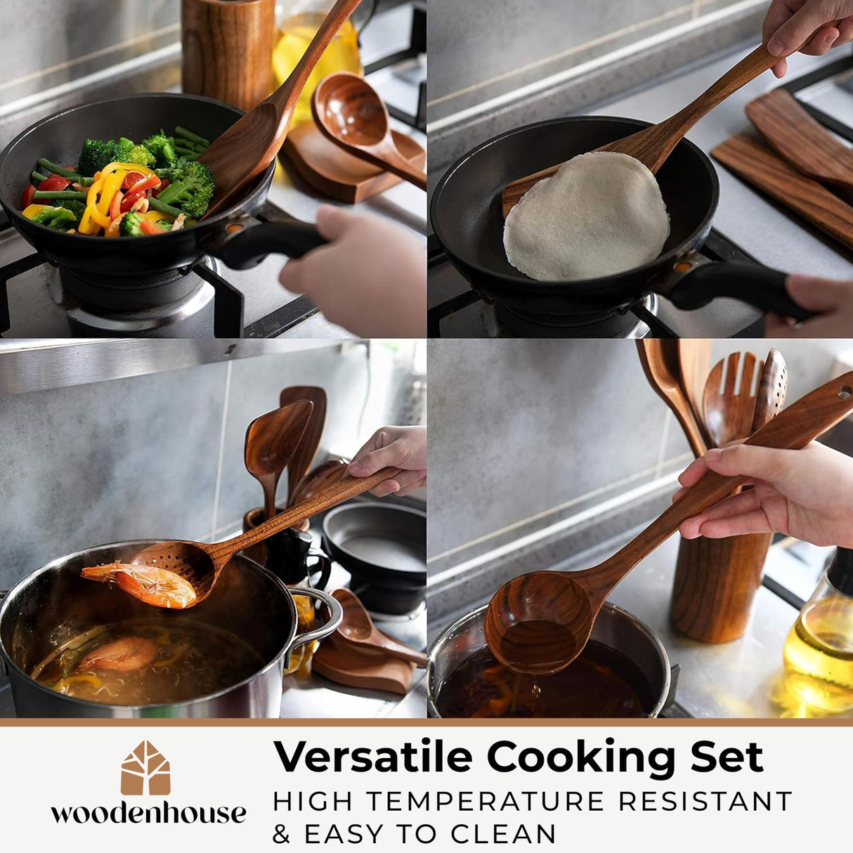 Wooden Spoons for Cooking – Wooden Cooking Utensils Set with Holder, Spoon Rest & Hooks, Teak Wood Nonstick Kitchen Cookware – Durable Set of 12pcs by Woodenhouse WOODENHOUSE LIFELONG QUALITY