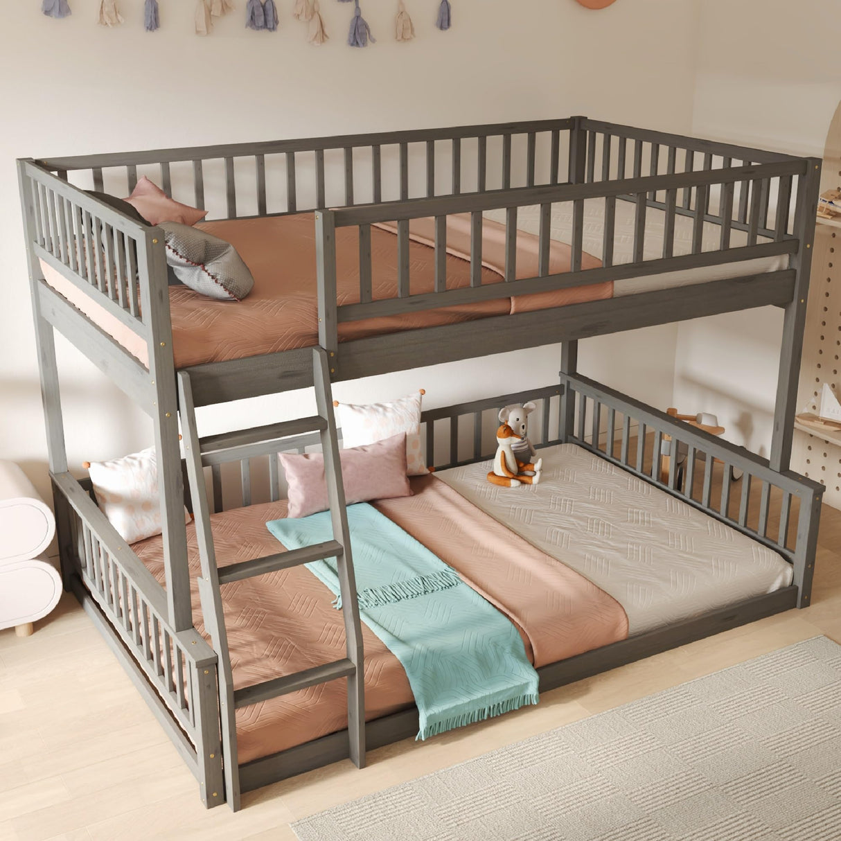 Merax Full XL Over Queen Floor Bunk Bed, Kids Bedroom Gray Wooden Bunk Bed Frame, Convertible to 2 Separated Beds with Trundle, Ladder & Guardrail for Teens, Wood Slat Support, Easy Assembly, Grey Merax