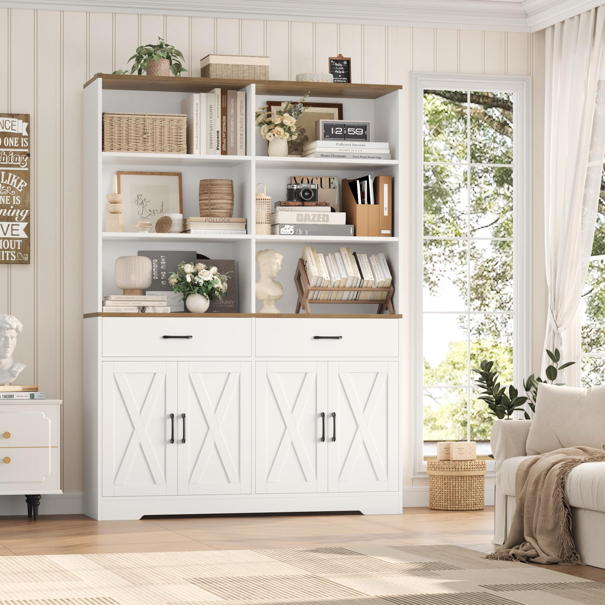 HOSTACK 69" Tall Book Shelf and Bookcase, 47" Wide Bookshelf with Doors and Drawers, 6 Tier Large Wood Bookcases with Storage Cabinet, Modern Farmhouse Display Shelf for Living Room, Office, White HOSTACK