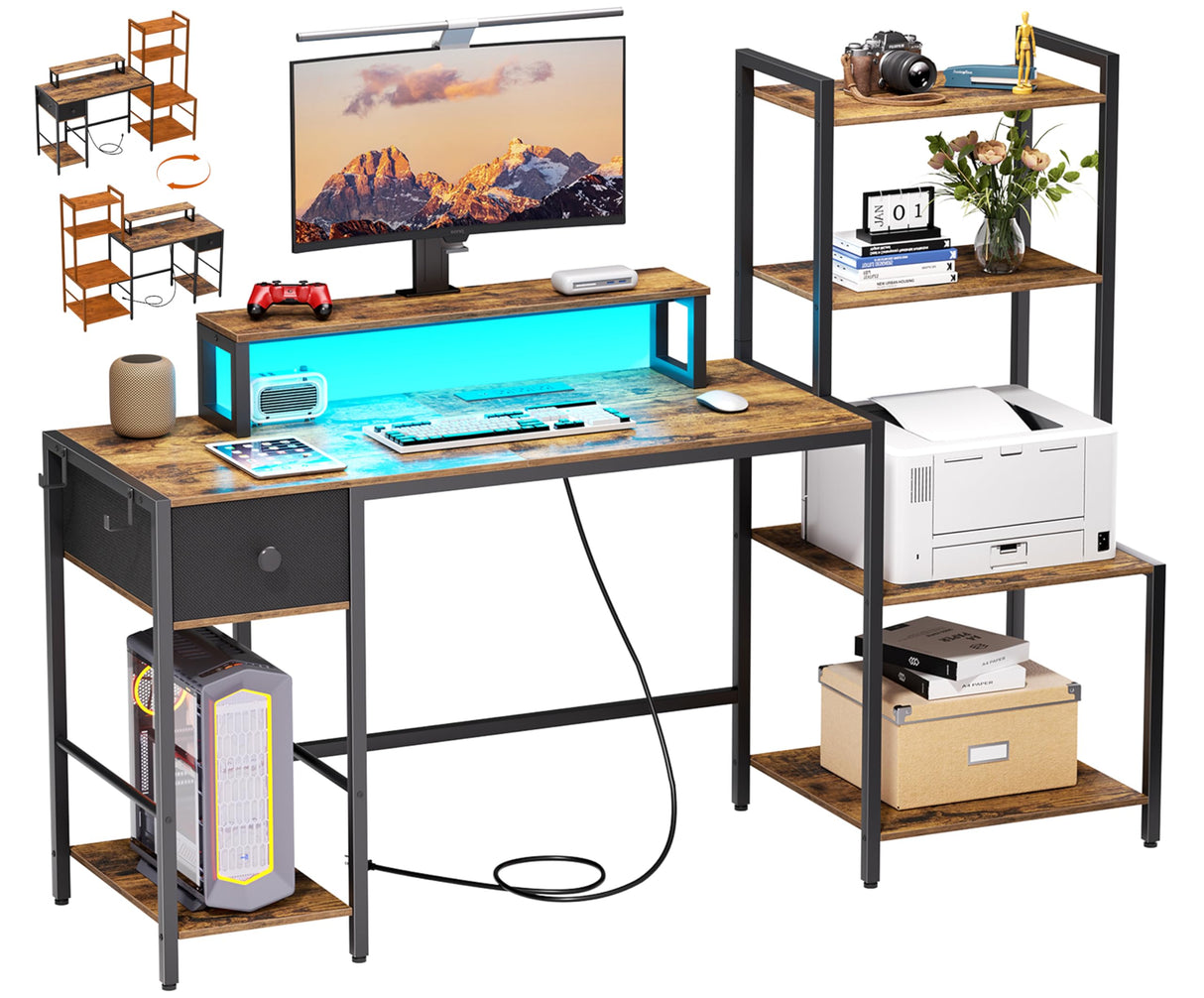 Creso hom Computer Desk with Printer Stand, 59" Office Table with Charging Station, Home Office Desk with LED and Monitor Stand, Reversible Desk for Study Writing Working Gaming, Rustic Brown Creso hom