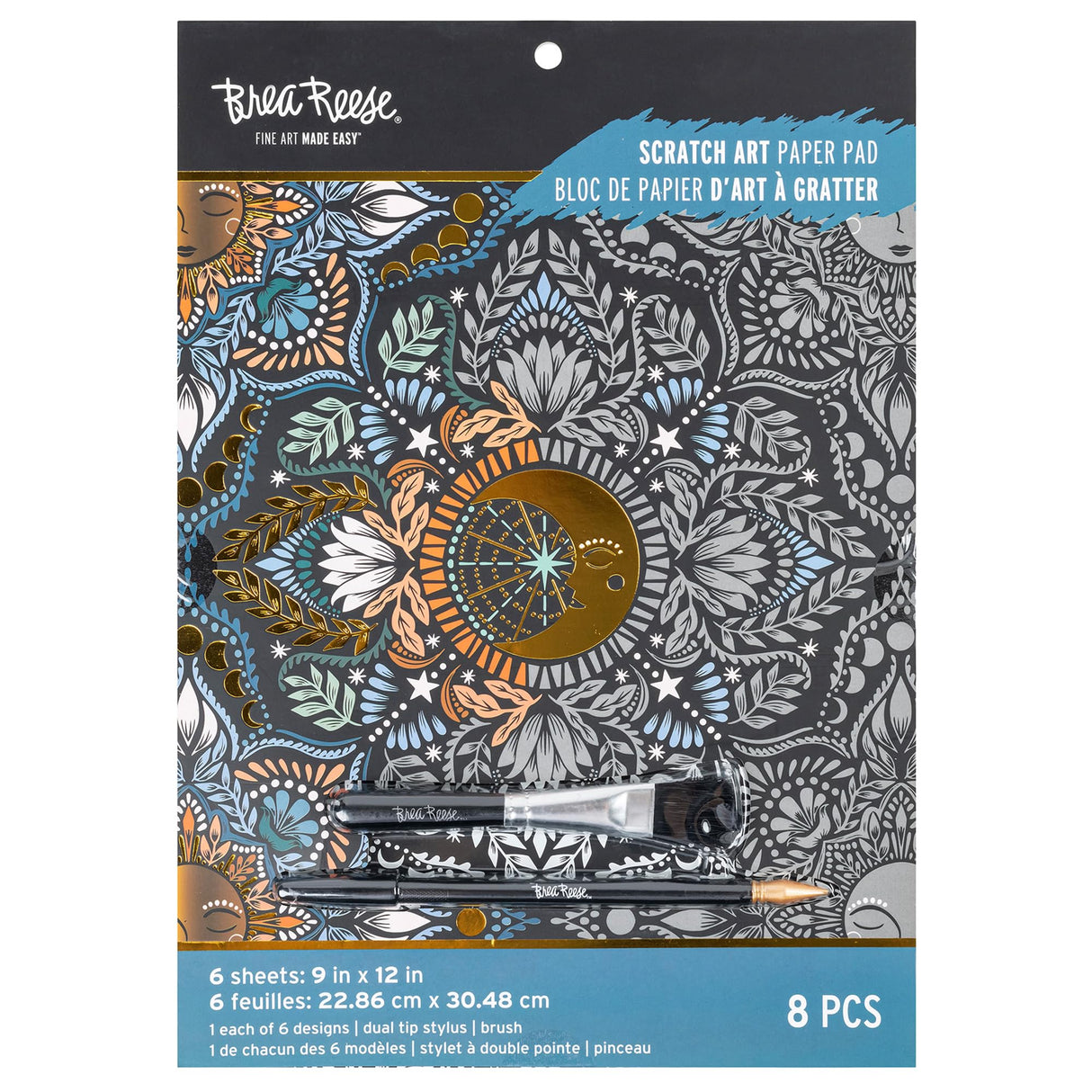 Brea Reese: Scratch Art Paper Pad - Moon & Sun - 6 Designs, Metallic Guided Art, Dual-Tip Stylus & Brush, Easy-to-Frame 9x12 Pages, Adult Craft Kit Brea Reese