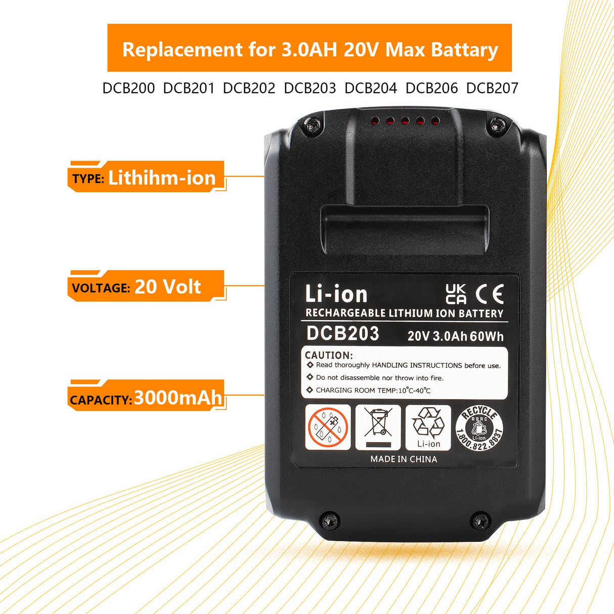DEWQKI Upgraded 3.0Ah 20V Battery DCB203 Replacement for Dewalt 20V Battery DCB180 DCB200 DCB201 DCB204 DCB206 DCB207 DCD/DCF/DCG Series - Li-ion 2 Pack (DCB203) DEWQKI