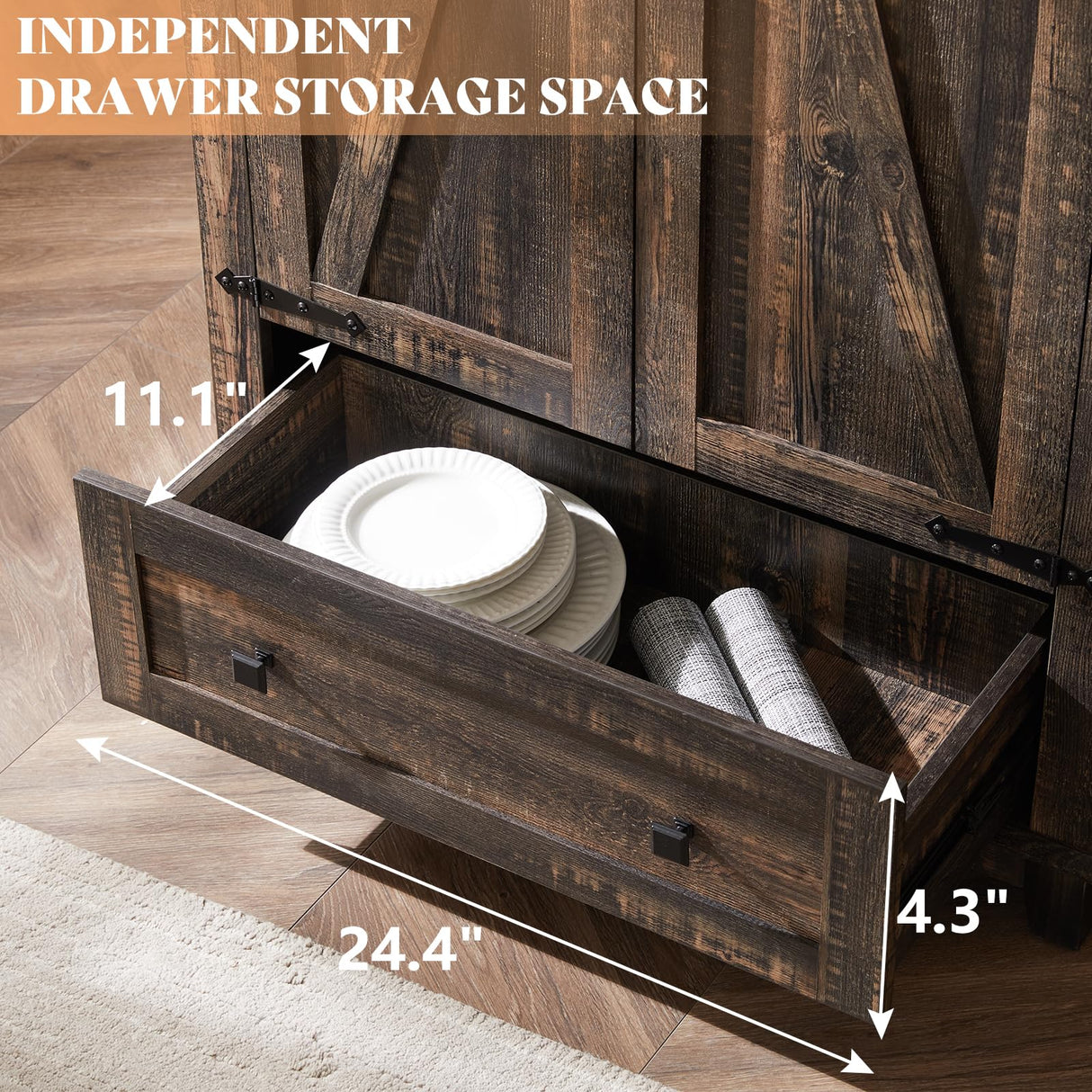 AMERLIFE 2 Pcs Farmhouse Kitchen Pantry Cabinet, 72" Tall Storage Cabinet with Adjustable Shelves & Barn Doors & Drawer, Freestanding Kitchen Cupboard for Dining Room, Living Room, Dark Rustic Oak AMERLIFE