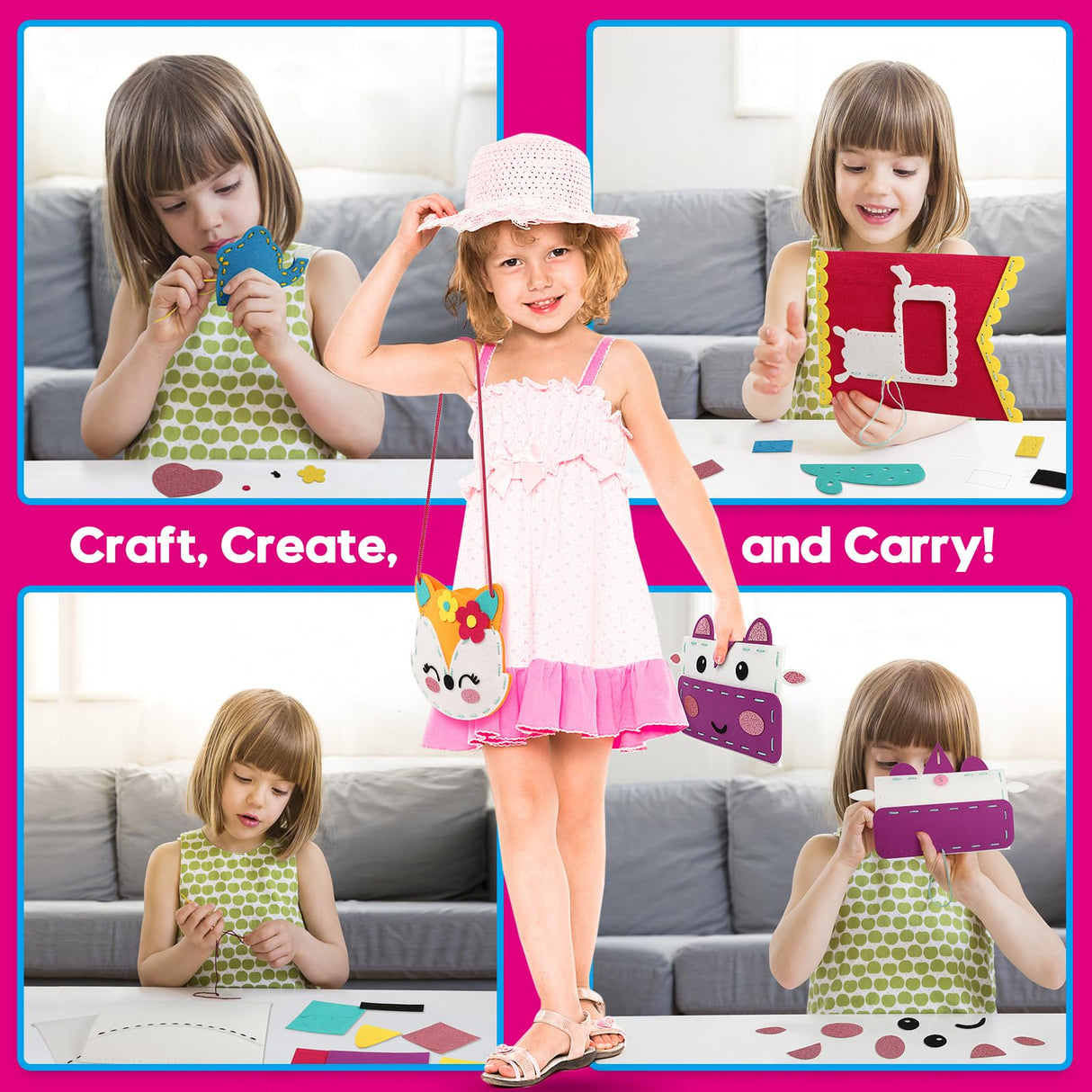 Sewing Craft Kit for Girls: DIY Felt Sewing Kit for Kids Ages 5-10, 7 Fun Projects with Stuffed Animals & Pillows, Learn to Sew Kit for Beginners, Ideal for Christmas & Birthday, Arts & Crafts Ideas SparkleMe