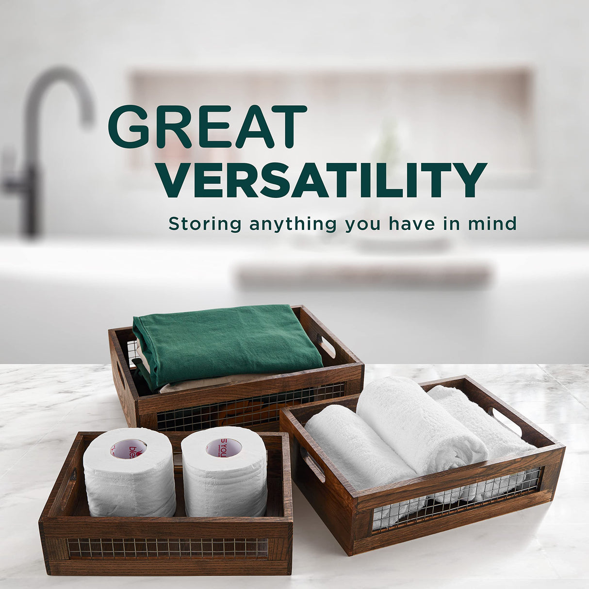 NAGAWOOD Wooden Nesting Countertop Baskets Set of 3 for Kitchen, Bathroom, Pantry,Wooden storage organizer For Fruit, Vegetables,Wooden Crate with handles,Decorative Walnut Wood and Metal Wire NAGAWOOD