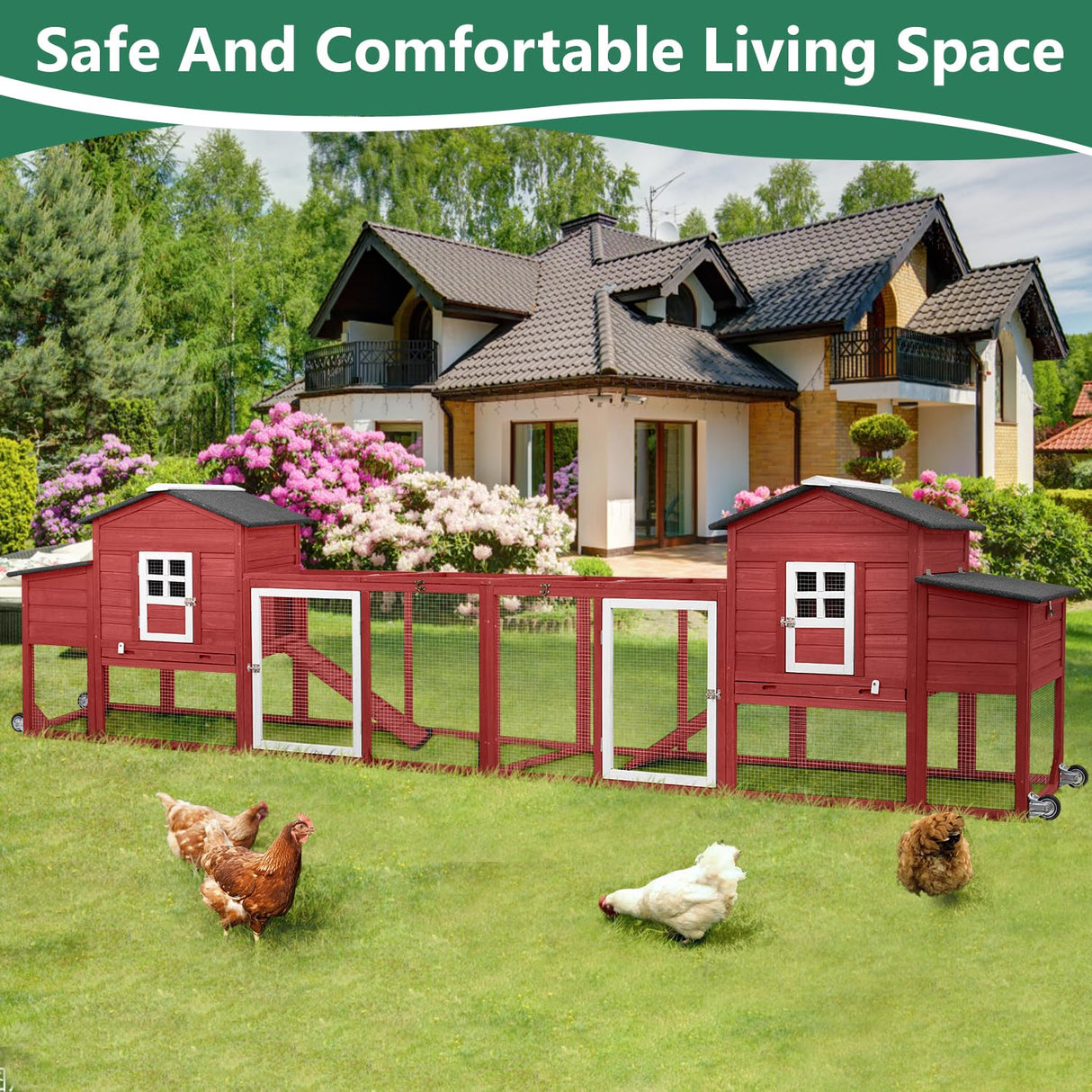 Magazoopet 158" L Large Chicken Coop with Run, Chicken House with Nesting Boxes, Wheels, Outdoor Mobile Hen Chicken Coop Poultry Cage with Removable Tray, Ramp (Red) Magazoopet