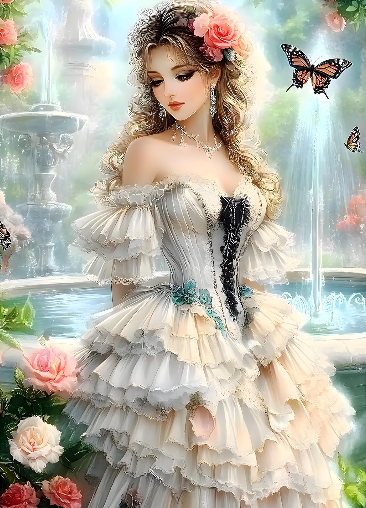 Ohhvvow Princess Diamond Art Kit for Adults, 12x16 Inch Beautiful Girl & Fountain Diamond Painting with Butterfly, DIY 5D Full Drill Gem Dotz Craft Kits, Home Wall Decor, Gift for Women & Beginners Ohhvvow