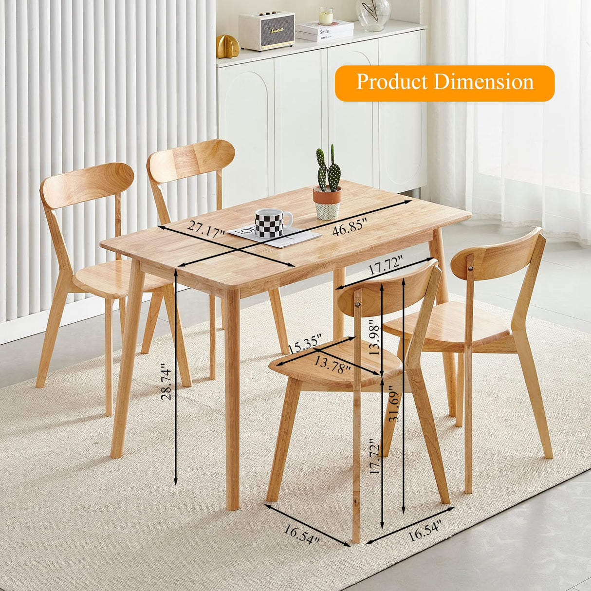 XHWECAN 5-Piece Wooden Dining Table and Chairs Set for 4, 47" Modern Solid Wood Table with 4 Louis Chairs for Dining Room, Kitchen, Small Space XHWECAN