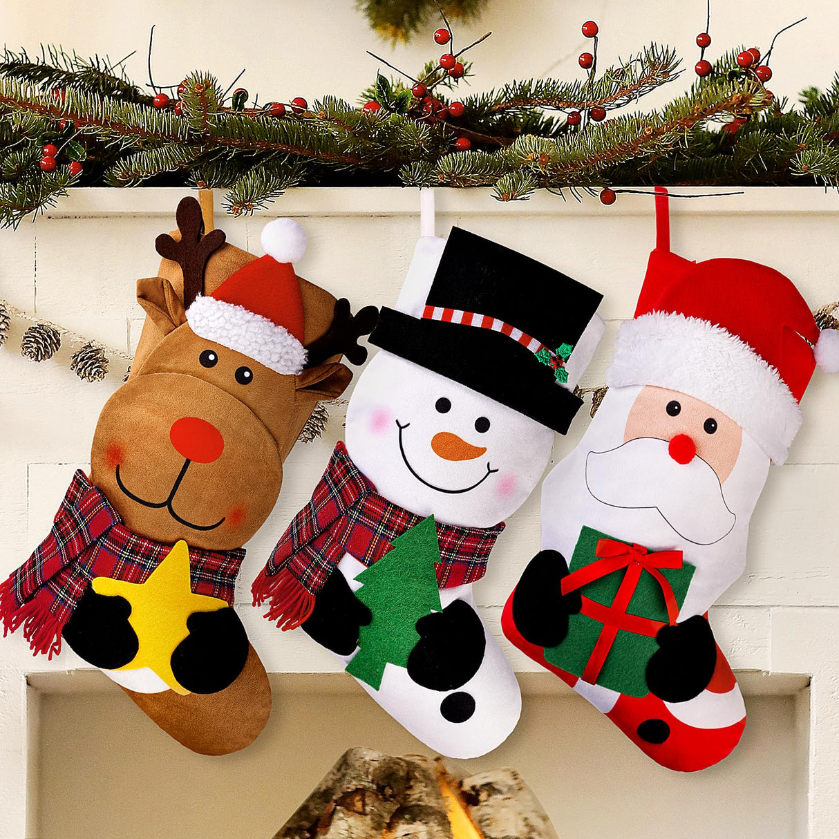 EverMerry Christmas Stockings, 3 PCS 18 Inches Classic Personalized Stockings for Fireplace Xmas Decoration, Large Santa, Snowman, Reindeer Stockings for Holiday Christmas Party EverMerry
