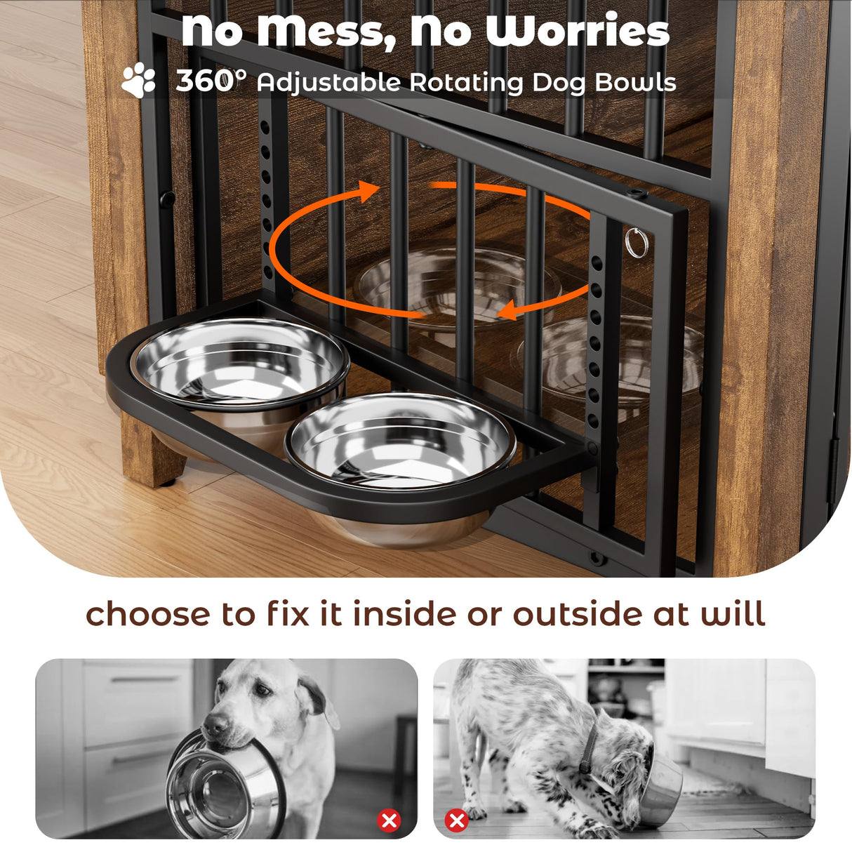 Lulive Dog Crate Furniture, Wooden Dog Kennel Indoor with Adjustable 360°& Height Dog Bowls, Double Doors Furniture Dog Crates End Table for Small/Medium 31.5" L*22.5" W*25.6" H, Brown Lulive