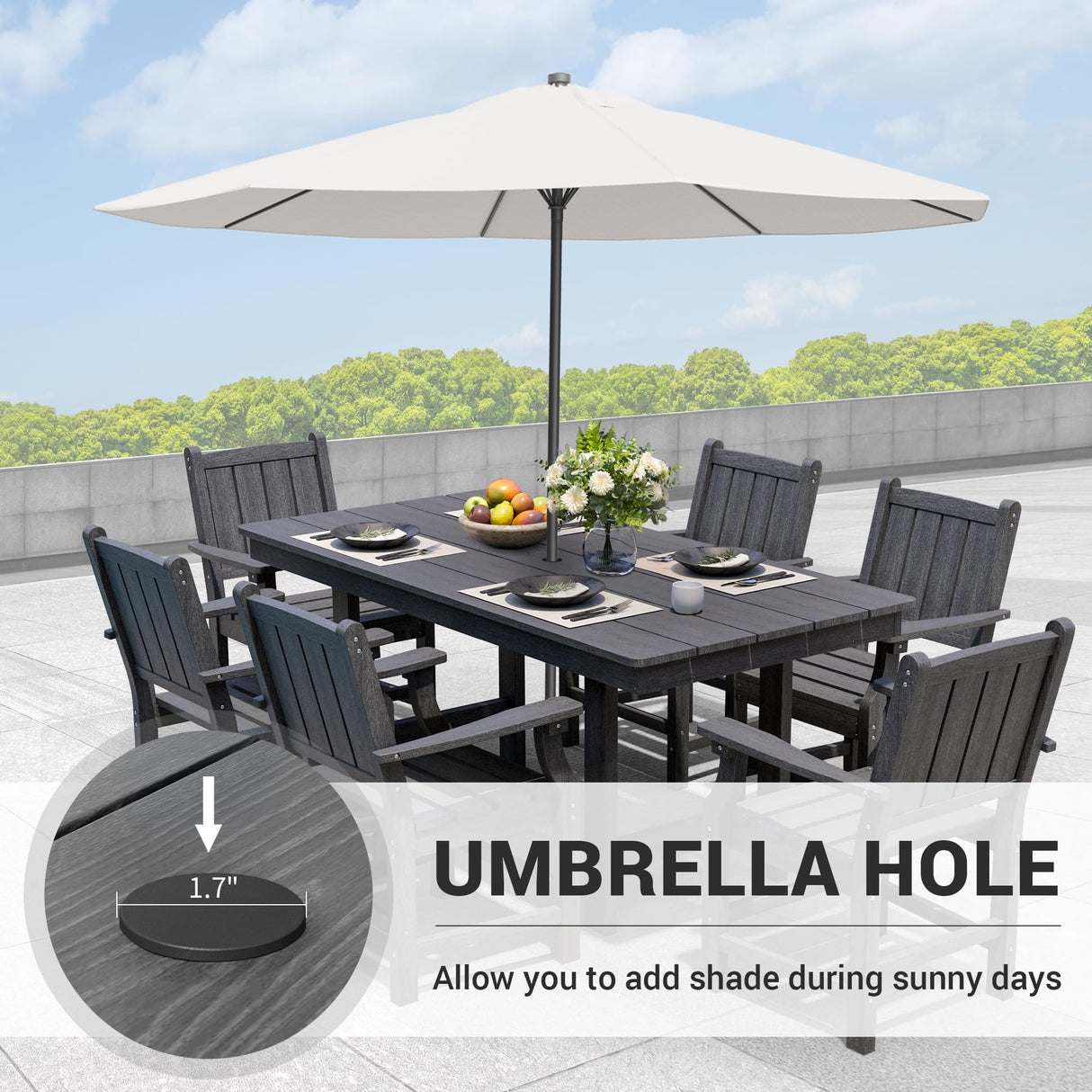 PamapicLife 7-Piece HDPE Outdoor Dining Set, Wood-Like Design Outdoor Table and Chairs with Elegant Armrest, All-Weather Patio Table and Chairs Set with Umbrella Hole for Porch, Poolside, Gray PamapicLife