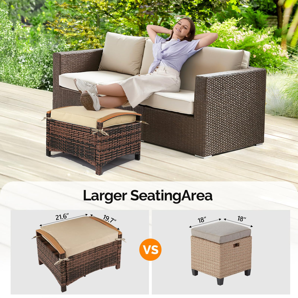 VINGLI Wicker Outdoor Ottoman Set of 2, All Weather PE Rattan Footstool for Patio w/Removable Cushions, Waterproof Rattan Foot Rest for Garden, Balcony, Poolside (Brown) VINGLI