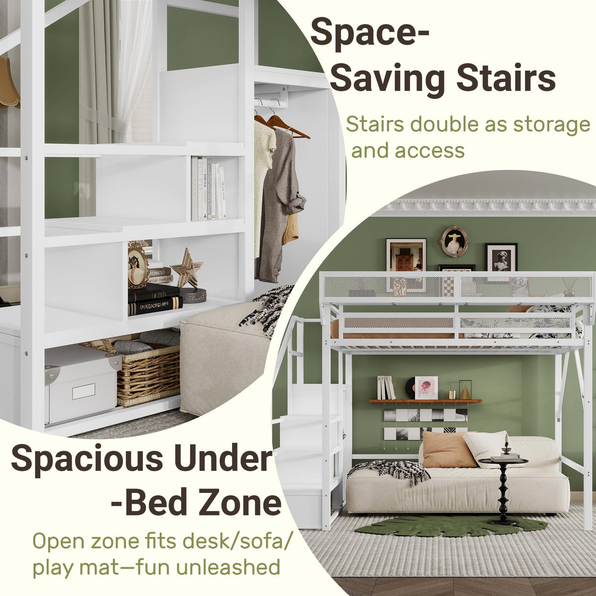 Mirightone Queen Size Loft Bed with Stairs and Storage, Metal Loft Bed Frame with Bedside Shelf and Large Under-Bed Space, Heavy-Duty Loft Beds for Adults Teens and Kids, White Mirightone