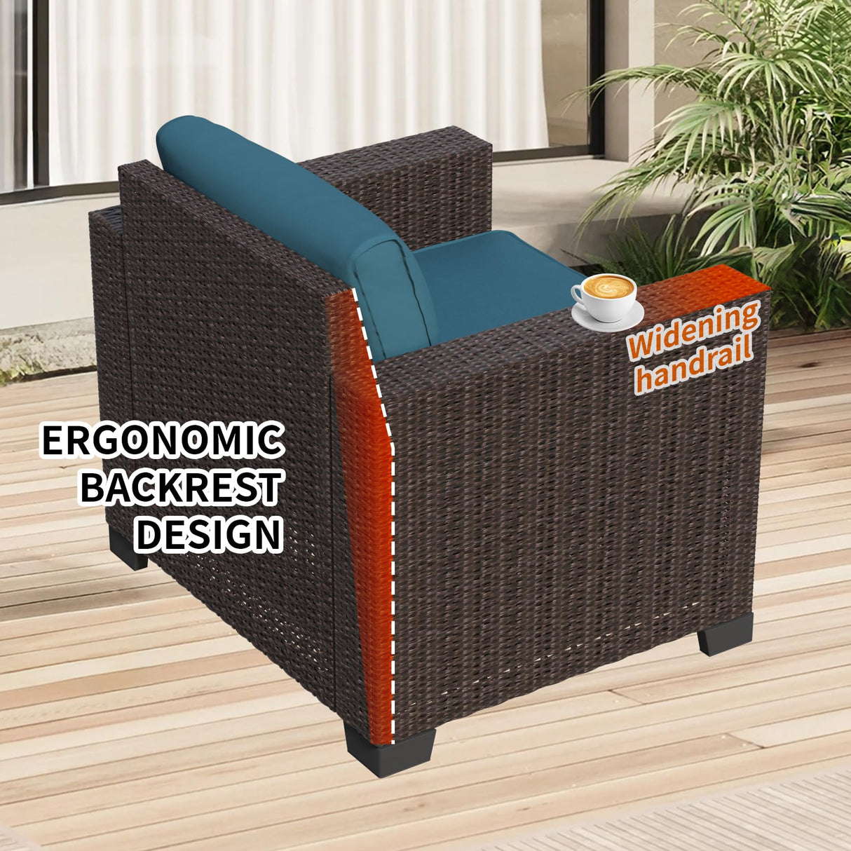 YLGJ&TIDY 7-Piece Outdoor Sectional Patio Furniture Set, All-Weather Wicker Rattan Sofa w/Thick Washable Cushions & Tempered Glass Table, Perfect for Garden, Poolside, Backyard (Brown&Peacock Blue) YLGJ&TIDY