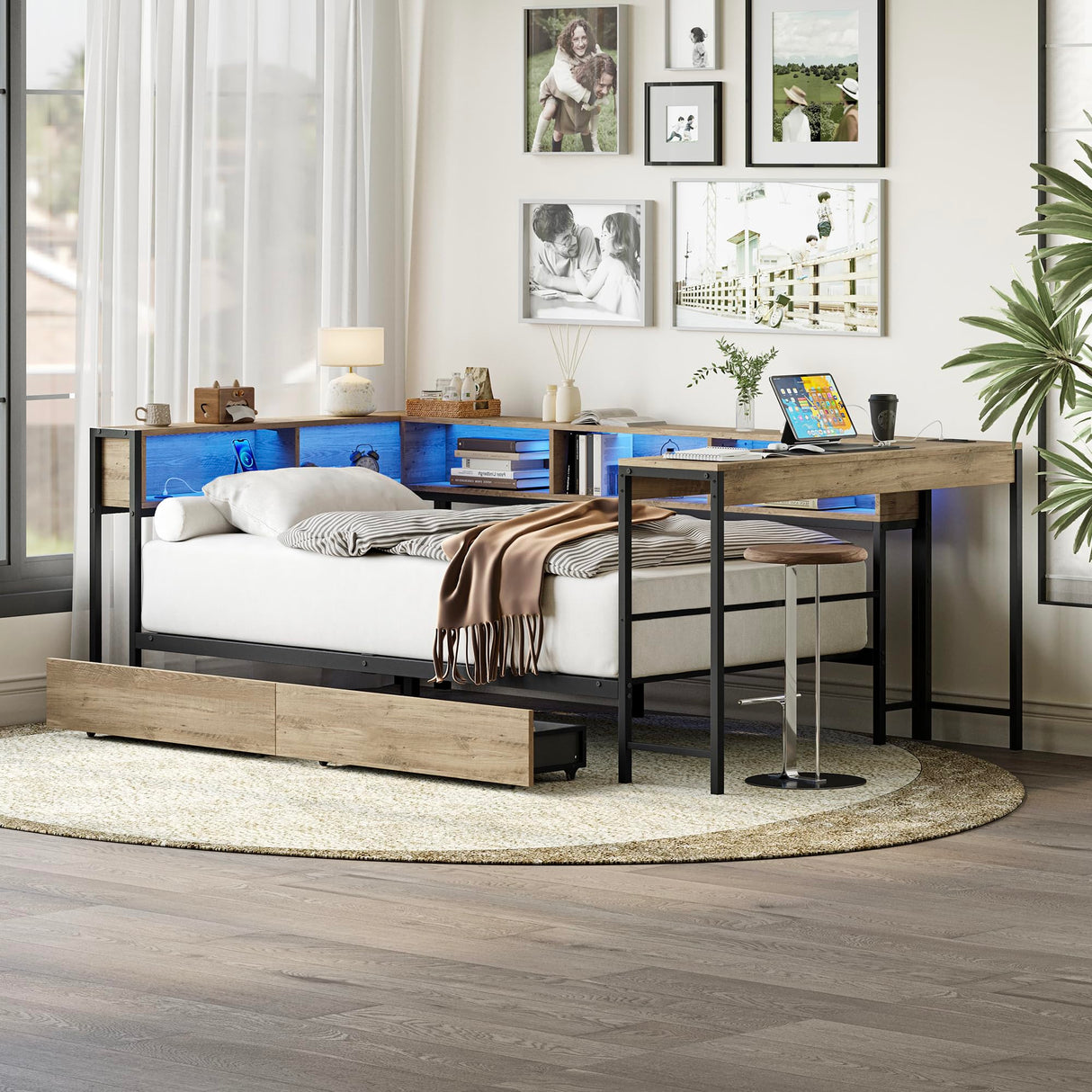 Modern Twin Size Corner Bed Frame with Storage Bookcase and Desk, 2 Underbed Drawers, LED Lights& Charging Station, Reversible Left/Right, Metal Platform Daybed, 96.9"L x 46.9"W x 31.5"H (Grey, Twin) Deolme