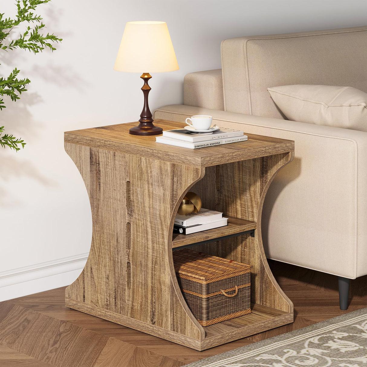 Condemo Modern Farmhouse End Table with Storage, 3-Tier Narrow Country Side Tables for Small Spaces, Nightstand for Bedroom & Living Room, Wooden Bedside Table, Easy Assembly, Light Brown Condemo