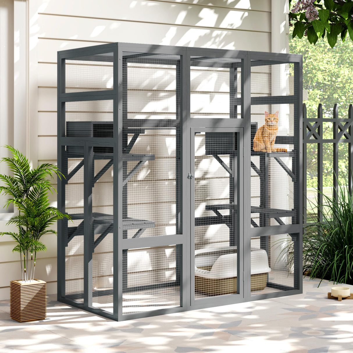 NYEEKOY 71Inches Large Wood Catio Outdoor Cat Enclosure with Perches and Condos, Cat House Indoor with Waterproof Roof, Cat Shelter 7 Platforms & 2 Resting Box, UV Resistant (Grey) Nyeekoy
