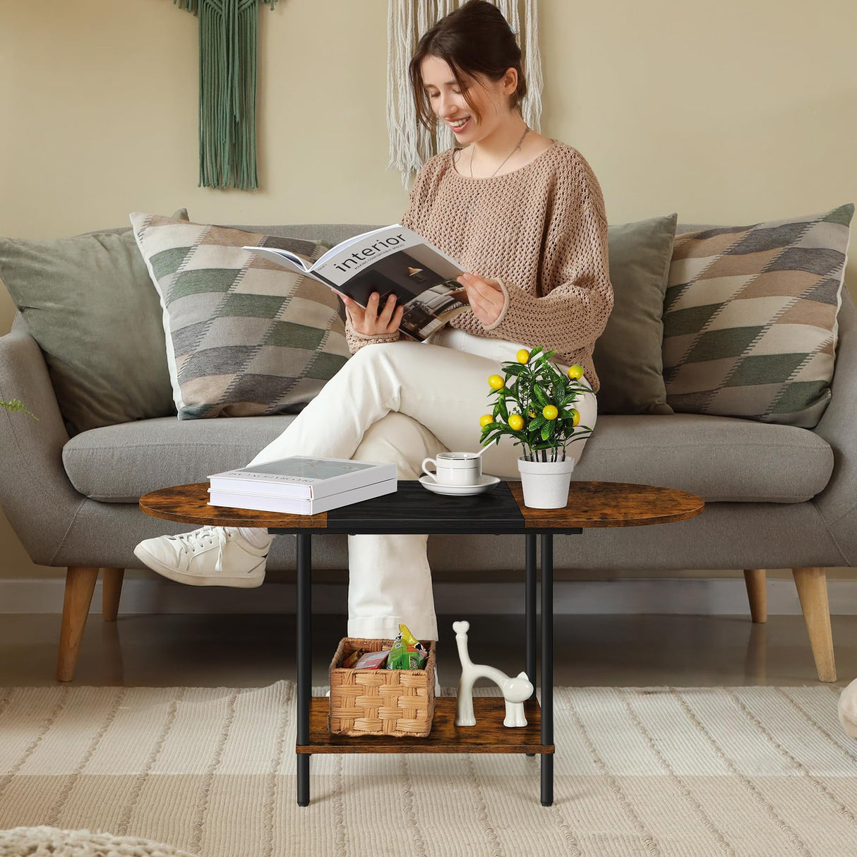 ETELI Small Round Coffee Tables for Small Space Farmhouse Oval Coffee Table with 2-Tier Storage Shelf Circle Center Tea Table for Living ETELI