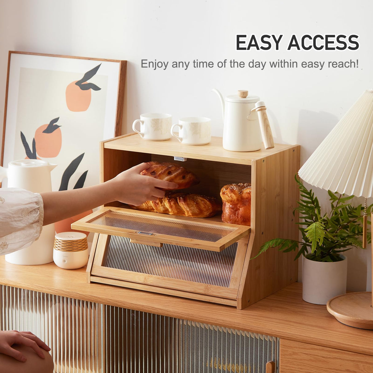 GHWIE Double Layer Bamboo Bread Box for Kitchen Counter,Large Capacity Bread Storage Bin,Bread Container with Acrylic Wavy Door Panel,Natural GHWIE